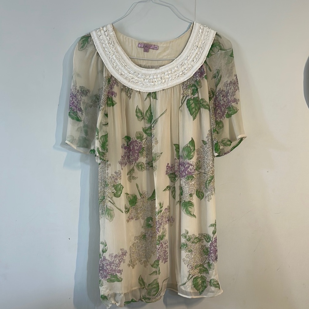 Floral Sheer Blouse with Beaded Collar